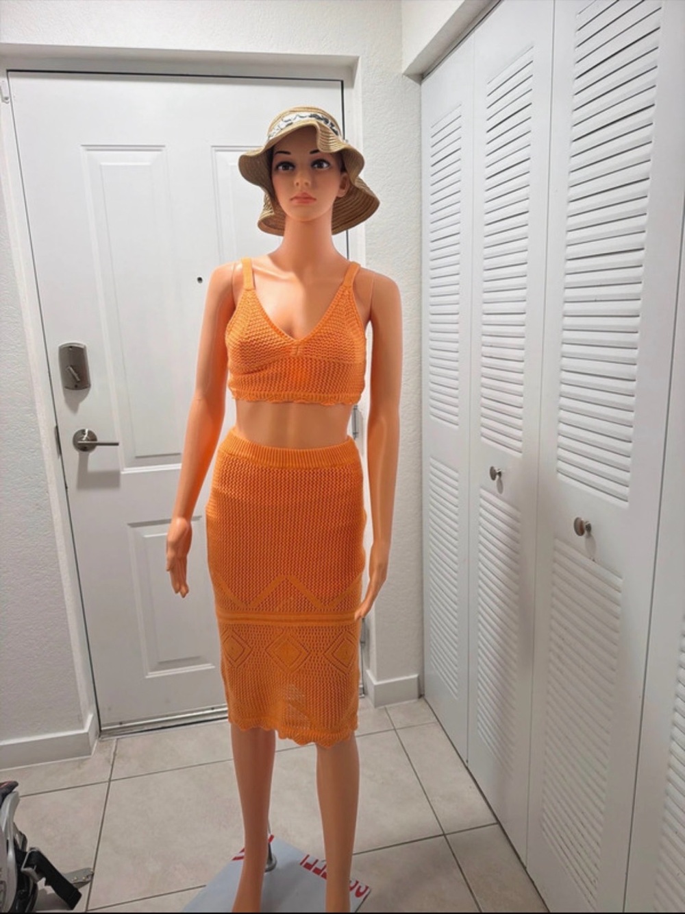 Zara Orange Crochet Midi Skirt Set - Bright Orange Knit